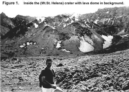 The author, K. Swenson, in front of dome, in Mount St. Helens' crater